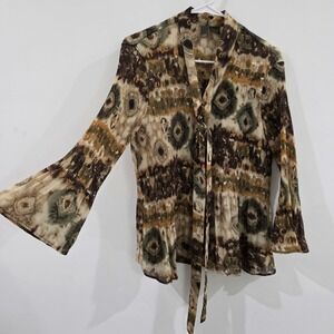 Serenade Womens Top Size XL Flare Sleeve Button Up Scarf Neck Pleated Peplum Art